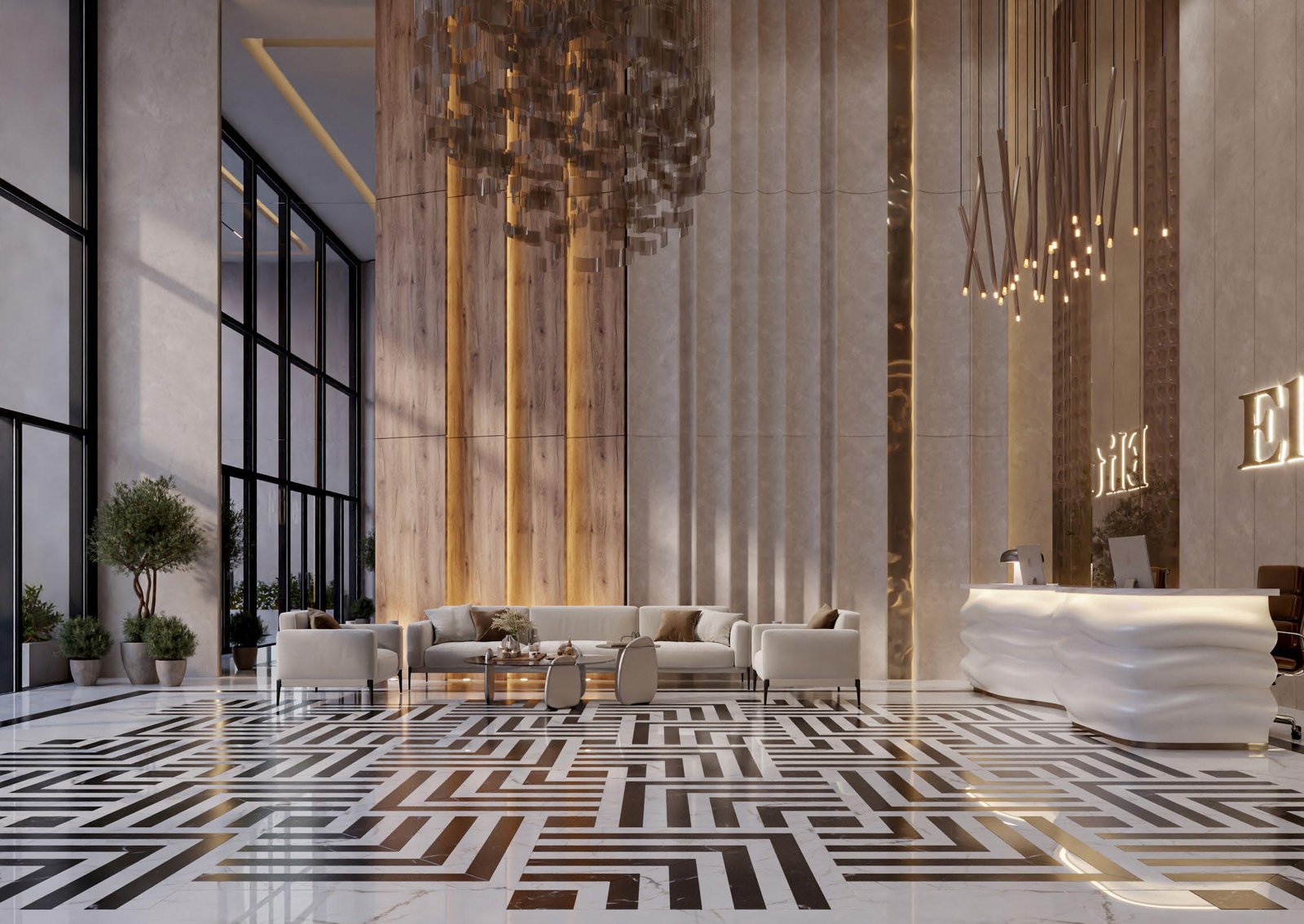 Elegant living room at Radiant Elite Tower framed by expansive floor-to-ceiling windows with sweeping sea and skyline views